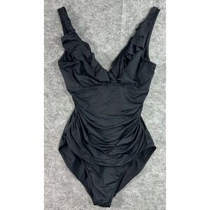 Ralph Lauren Black Ruched & Ruffled High Leg 1 Pc Swimsuit sz 10 (16241)
